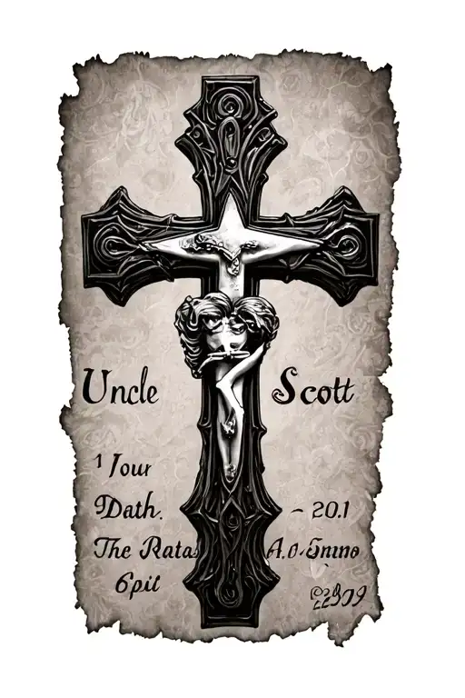 i want a cross little designs with the name uncle Scott in it and I want a death date on it but just use a placeholder  tattoo design idea