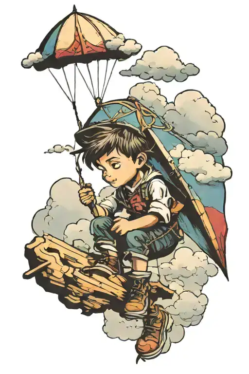 A little boy watching a kite and the clouds tattoo design idea