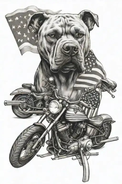 american flag, a harley motorcycle, a bruin bear, an equestrian, and a pitbull dog  tattoo design idea