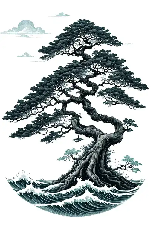 a large bonzai tree rooting in a cloud above the waves tattoo design idea