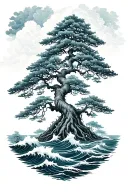 a large bonzai tree rooting in a cloud above the waves tattoo design idea