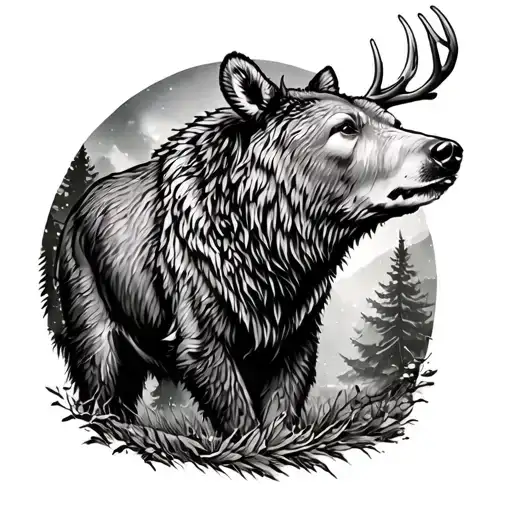 bear with deer in forest sleeve tattoo tattoo design idea
