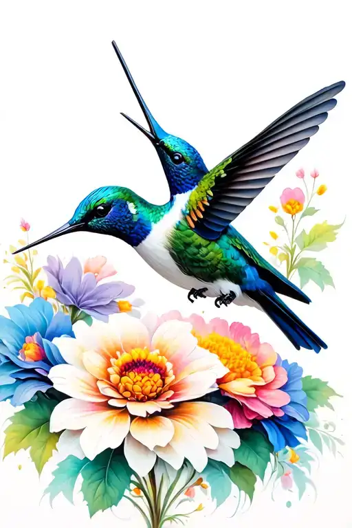 Blue hummingbirds with zinnia flowers tattoo design idea