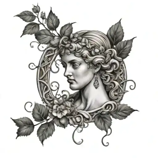 Greek Persephone sculpture wrapped in ivy vines tattoo design idea