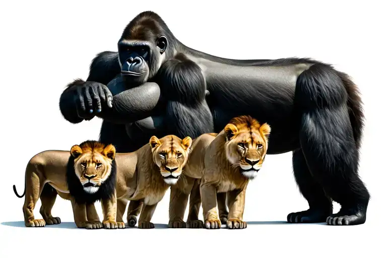 gorilla protecting family from lions tattoo design idea