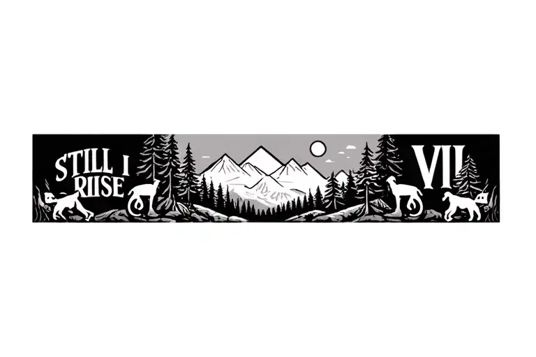 design a arm band tattoo with follwoing elements: a outline of bike, mountains and trees, 2 dogs, VII and Still I Rise tattoo design idea