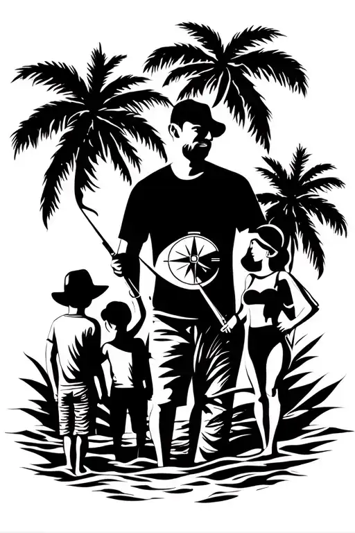 family; silloette father mother and two sons, tropical background, fishing, navigation, compass tattoo design idea