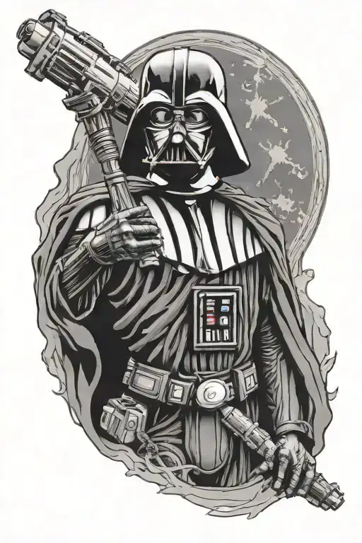 darth vader with luke skywalker lightsaber hilt surrounded tattoo design idea