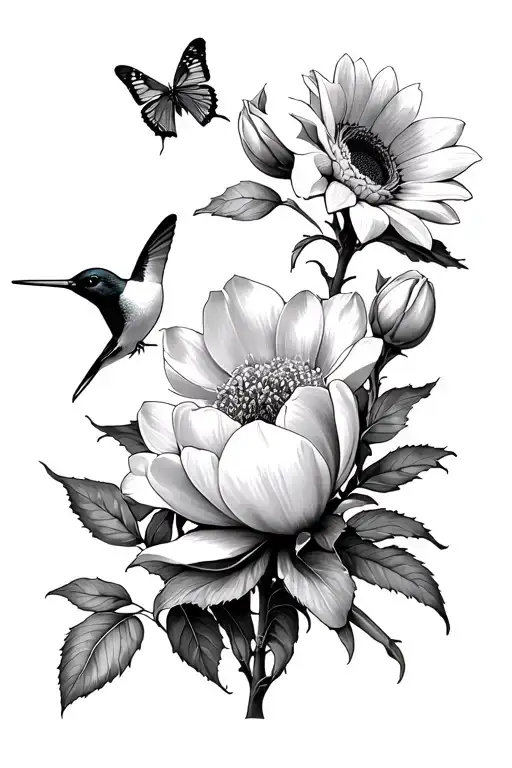 magnolia blooming, sunflower blooming, tulip in bloom, rose in bloom,hummingbird, butterfly, MS ribbon, crystal tattoo design idea