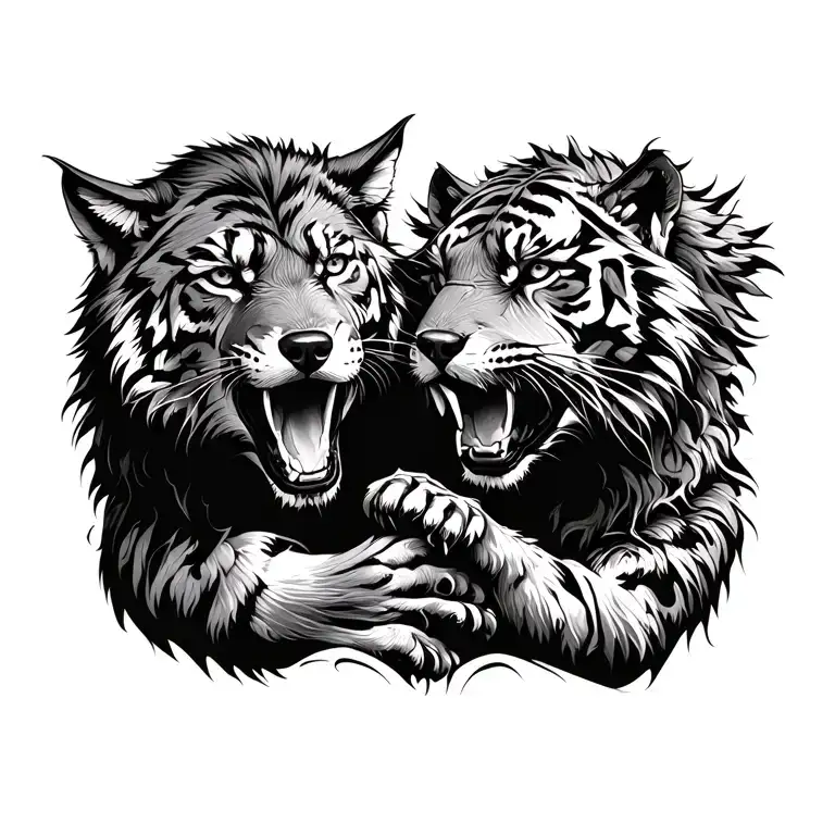 a tiger figthing a wolf tattoo design idea