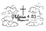 Philippians 4:13 written in cursive with clouds surrounding the text and cross in the background tattoo design idea