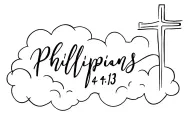 Philippians 4:13 written in cursive with clouds surrounding the text and cross in the background tattoo design idea