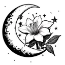 simple lillie flower with cresent moon surrounded stars forming tattoo design idea