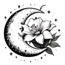 simple lillie flower with cresent moon surrounded stars forming tattoo design idea