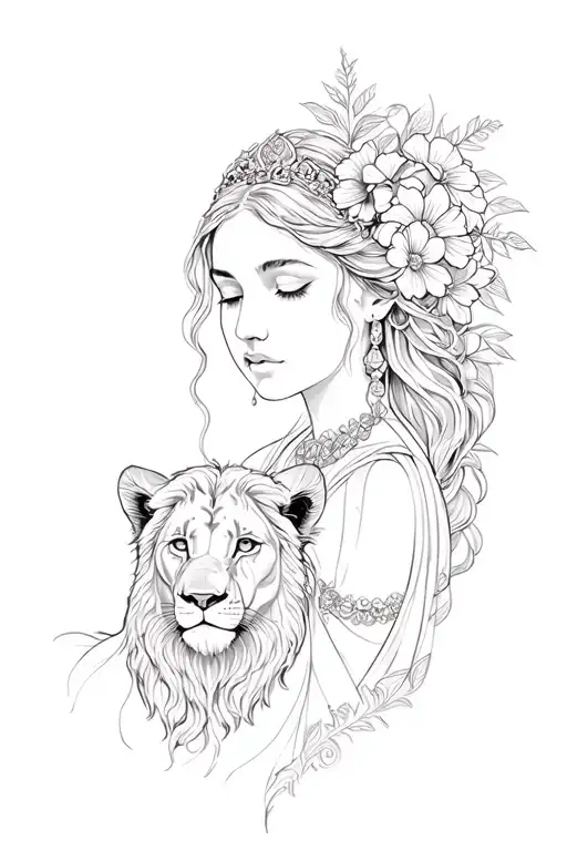 goddess Circe with flowers and a lion cub waist up tattoo design idea