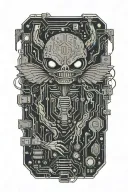 circuit board shaped like gremlin using a computer include DEFCON logo and the words "black badge" tattoo design idea