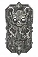 circuit board shaped like gremlin using a computer include DEFCON logo and the words "black badge" tattoo design idea