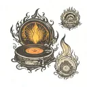 A classic vinyl record with subtle flames etched into the grooves, symbolizing the timeless and en tattoo design idea