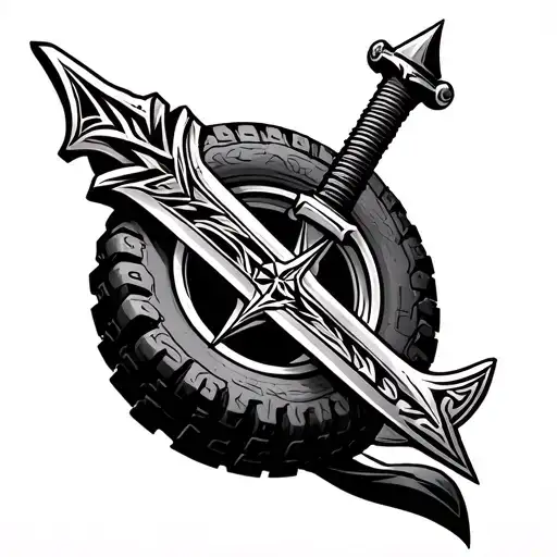 “Fine line Norse tribal tattoo design, obsidian sword crossed with motocross tire tread, Viking Vegvisir compass above  tattoo design idea