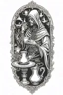 Hodded alchemist performing ritual, tarot cards, tea, cups, beakers, candles tattoo design idea