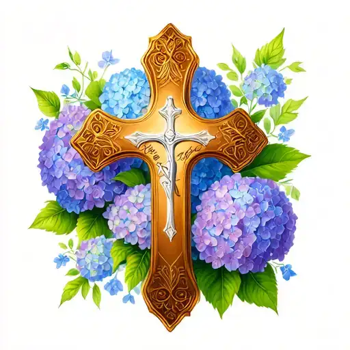 delicate cross tattoo with purple and blue hydrangeas around it with small bible verse in the backgroun tattoo design idea
