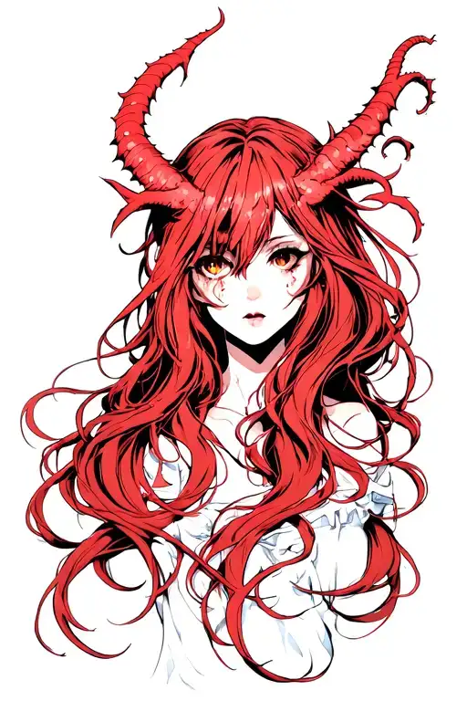 demon girl, face, long red hair tattoo design idea