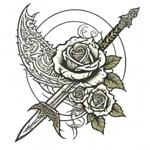 moon, rose with torns, and a sword tattoo design idea
