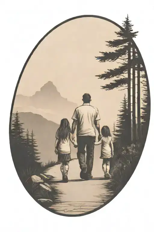 father in the middle holding hands with two small girls walking down the road with forest and cliffs in background tattoo design idea
