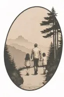 father in the middle holding hands with two small girls walking down the road with forest and cliffs in background tattoo design idea