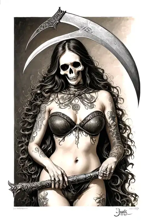 Death with a scythe in an erotic suit with large breasts in tattoo design idea