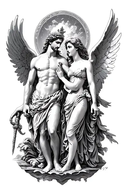 poseidon god and girl angels tattoo design idea