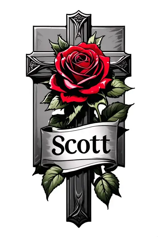 red rose on top of a cross with the name scott in the middle tattoo design idea