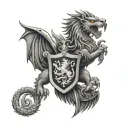 neotraditional Welsh dragon facing st marks lion holding shield with Eagle on it tattoo design idea