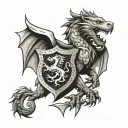 neotraditional Welsh dragon facing st marks lion holding shield with Eagle on it tattoo design idea