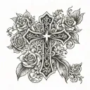 cross, floral, scripture verses flowing tattoo design idea