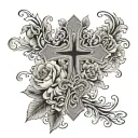 cross, floral, scripture verses flowing tattoo design idea