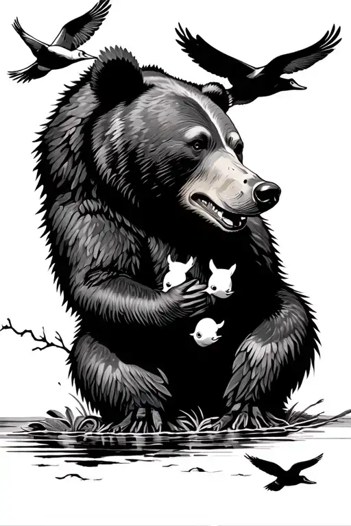 power line, bear, ducks flying, family tattoo design idea