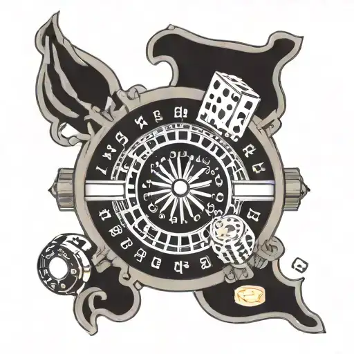 life's a gamble roulette, text saying "rich", dice, casino, us dollars, yen tattoo design idea