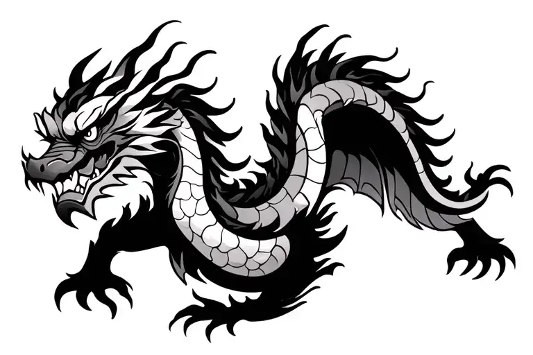 single head traditional Japanese dragon without wings black and grey full length design tattoo design idea