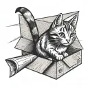 cat playing in a cardboard box pretending to be on a rocket, side view, anime style tattoo design idea
