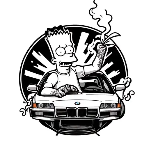 adult tattooed Bart Simpson driving a BMW and smoking weed tattoo design idea
