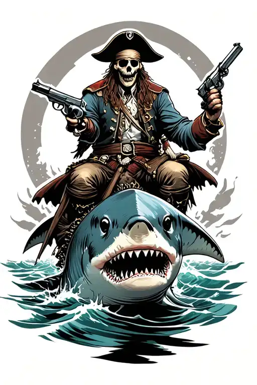 undead pirate captain holding compass and pistol riding a shark  tattoo design idea