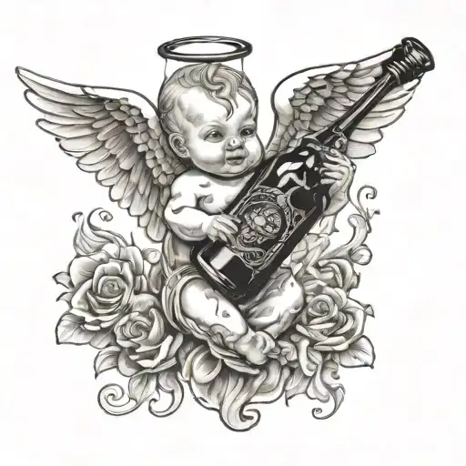 A baby angel flying holding a bottle of Jack Daniels, like a black and white tattoo and not so humanized  tattoo design idea