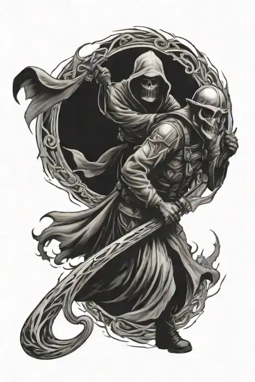 firefighter paramedic fighting a grim reaper coming out of a oblivion portal tattoo design idea