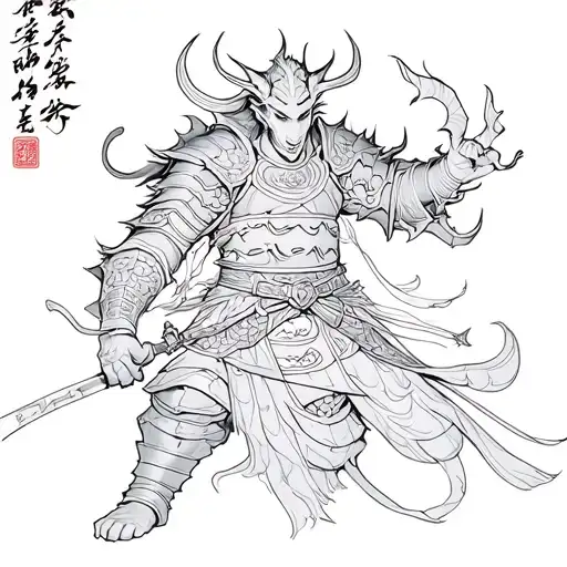 Combine elements of a samurai armor and Chinese calligraphy with subtle devil motifs (Teufel) tattoo design idea