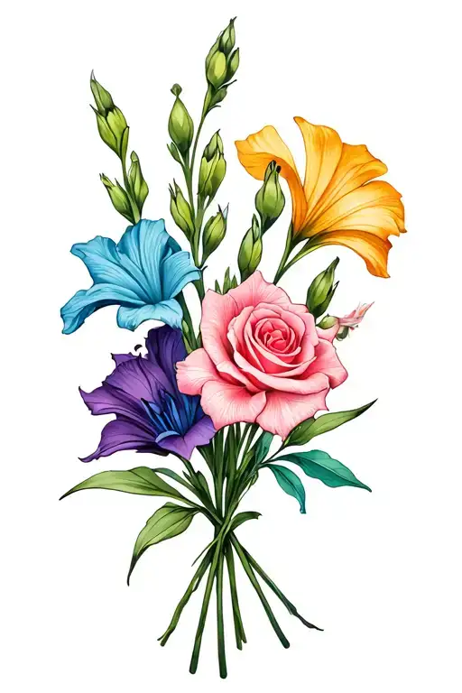 gladiolus, jonquil, rose, sweet pea birth flower bouquet. I like colors: blues, pinks, purples, cyan tattoo design idea
