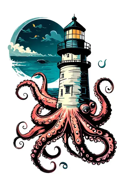 Wrapped octopus around the lighthouse tattoo design idea