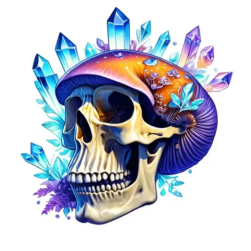 mushrooms and crystals on a skull tattoo design idea