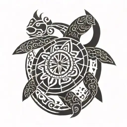 Mahorie tattoo, with turtle, sun, ray put a representation of the ocean at the top then the turtle surround tattoo design idea