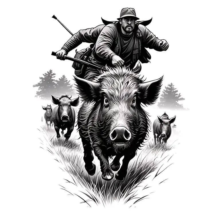 A pack of wild hogs running through a field with a hunter in pursuit tattoo design idea